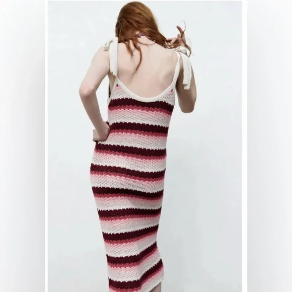 ZARA Red Pink And Cream Striped Crochet Dress Limited Edition, Size M - Picture 4 of 11